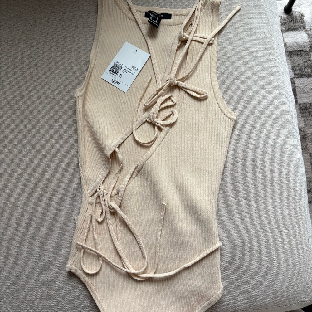 Forever 21 Cream Lace-Up Bodysuit